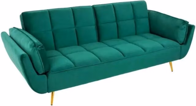 Divano dritto NEVISI Meublorama in velluto verde smeraldo e oro, modello scandinavo trasformabile con funzione letto e cuscini inclusi