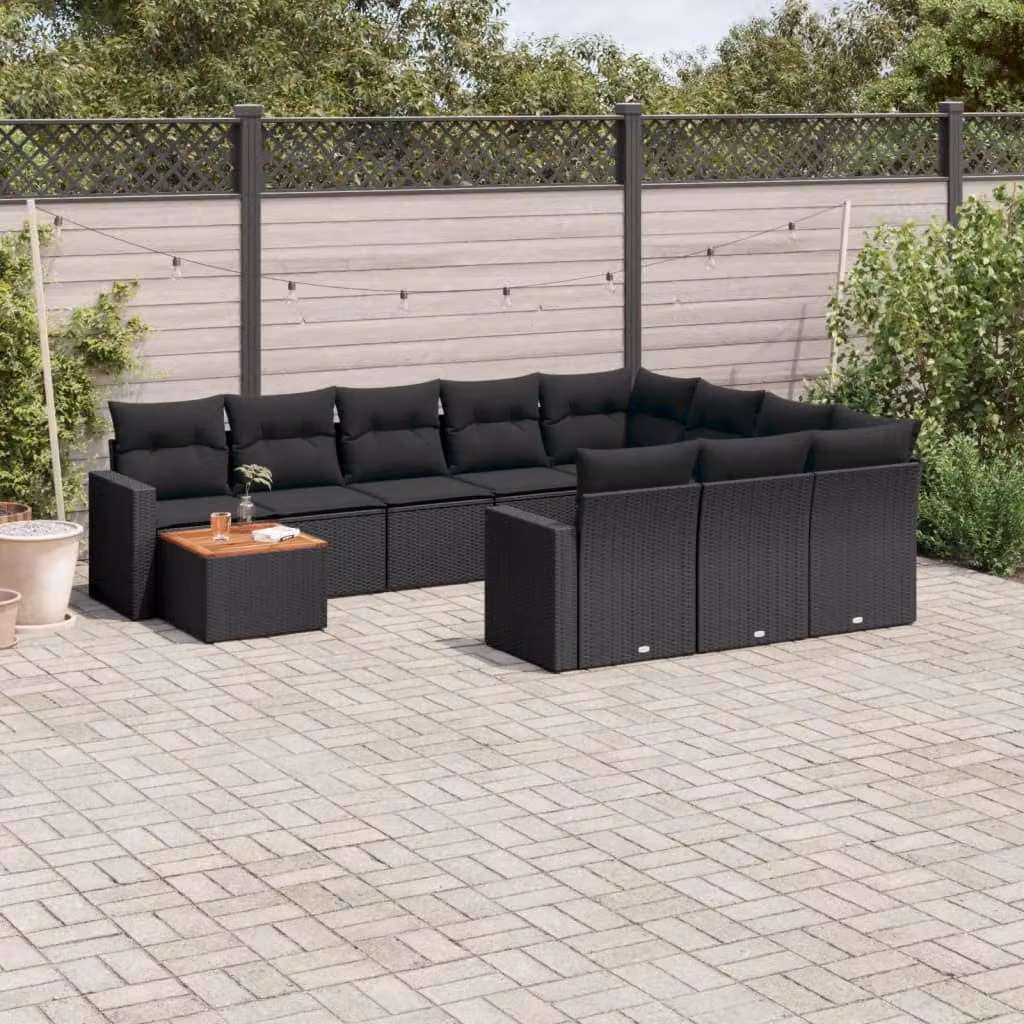 vidaXL Set Divani da Giardino 11 pz in Polyrattan Nero con Cuscini e Tavolino da Esterno – 1
