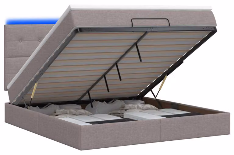 Pouf contenitore con materasso e illuminazione LED, color tortora, 180 x 200 cm, rivestito in tessuto