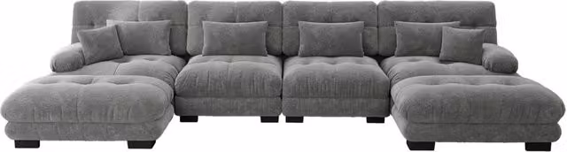 Divano angolare modulare a forma di U 4 posti in chenille grigia con pouf mobile