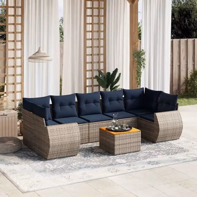 Set di Divani da Giardino a L con Tavolino vidaXL, 8 Pezzi in Polyrattan e Legno di Acacia, Colore Grigio e Blu con Cuscini Inclusi – 1