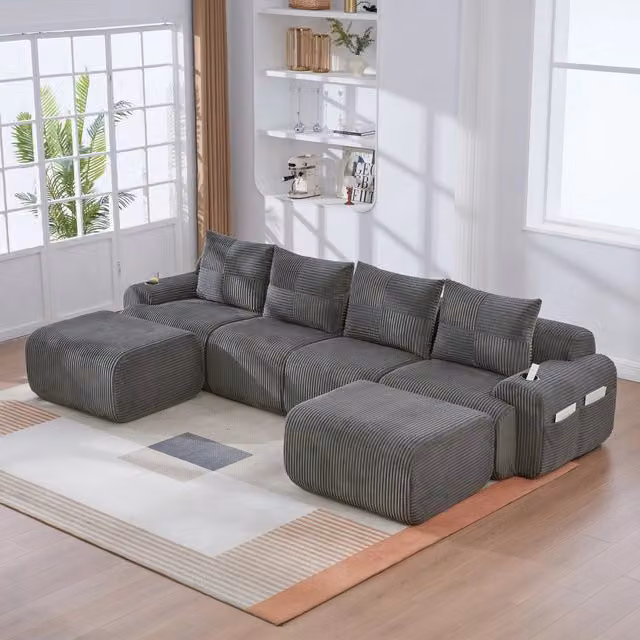 Divano modulare 4 posti con 2 pouf in velluto a coste grigio scuro