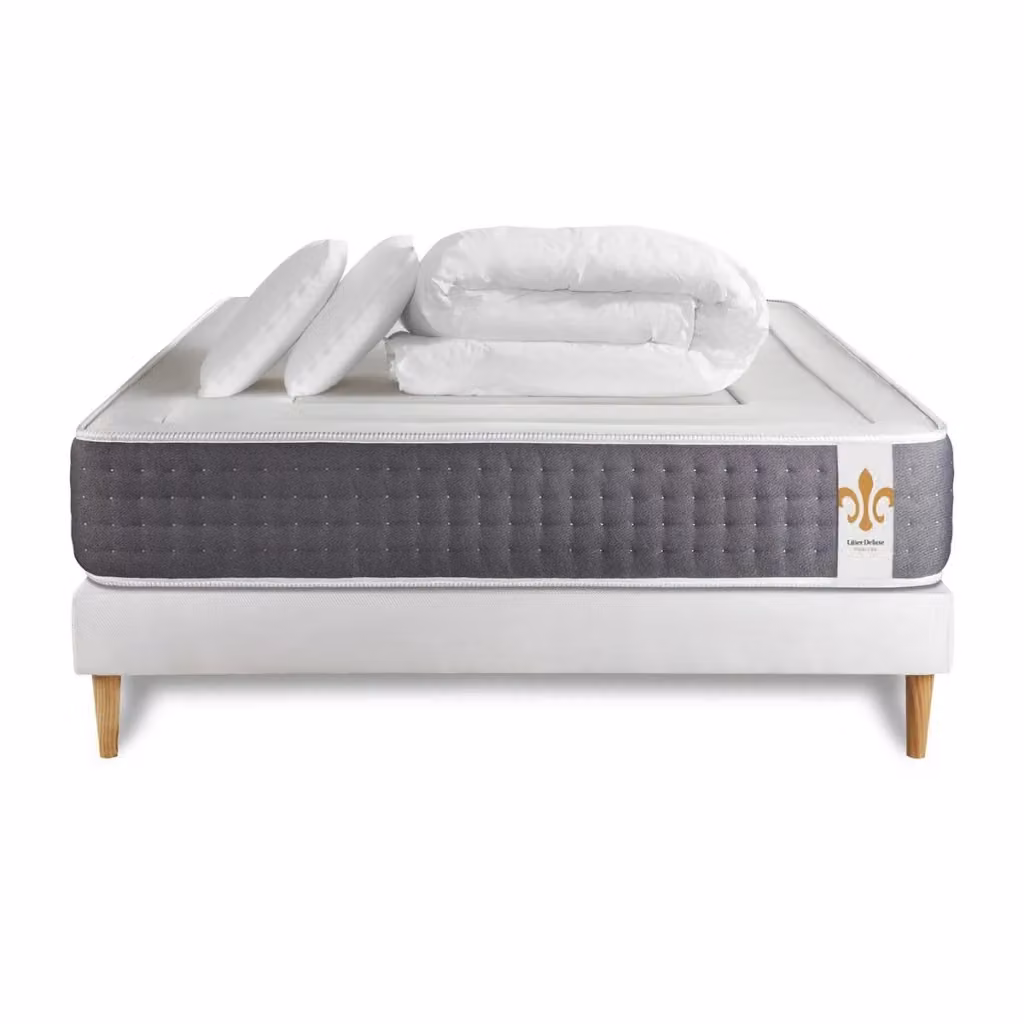 Pacchetto letto completo Vingt-Six con materasso ibrido, box spring con doghe, 2 cuscini e piumino, colori grigio e bianco, L/P: 160 x 200 cm – 2