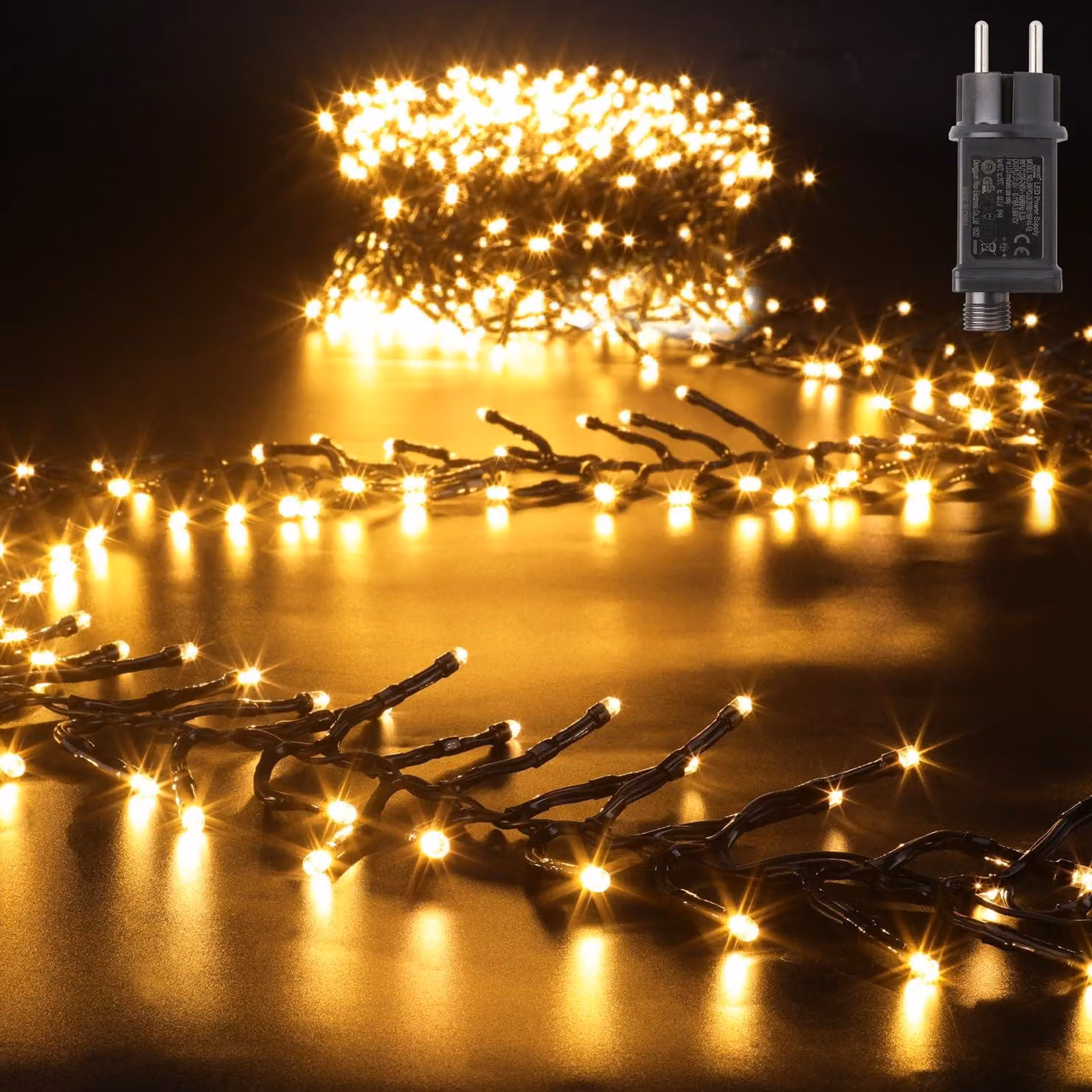 Catena luminosa a LED, 15 metri, 1500 LED, luce calda, 8 modalità, grado di protezione IP44