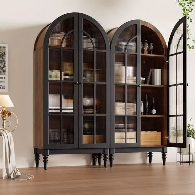Mobile portaoggetti ad arco ¨C Minimal ¨C 2 ante in vetro, effetto legno, multiuso per cucina e soggiorno