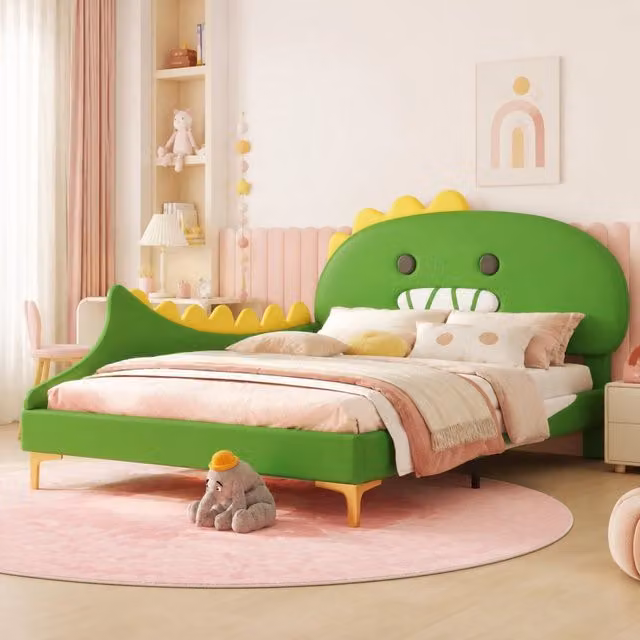 Letto per bambini 140x200 cm a forma di dinosauro cartoon in PU, colore verde
