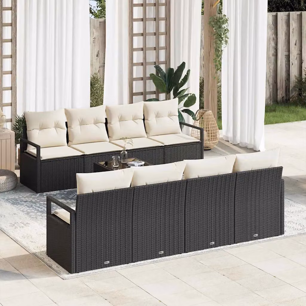 Set di divani da giardino vidaXL a forma di U con 7 pezzi, colore nero e beige, in rattan con struttura in metallo e cuscini inclusi – 1