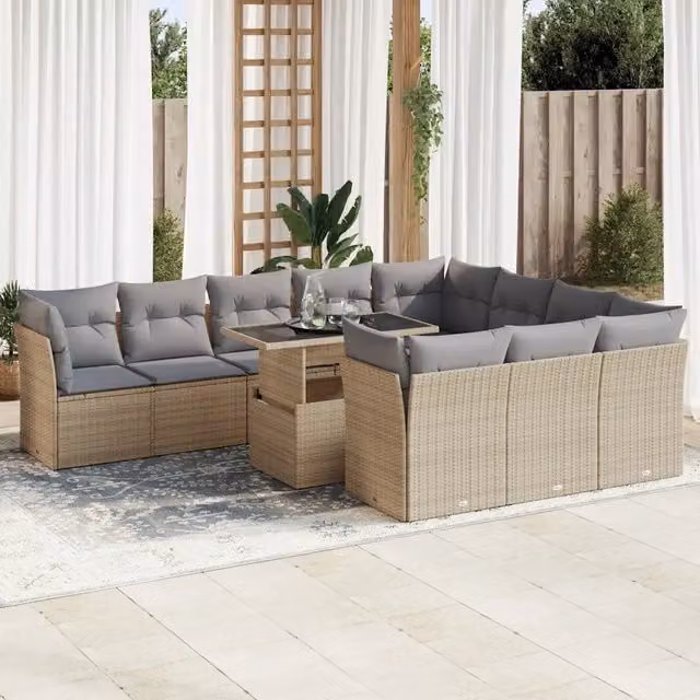 Set di Divani da Giardino vidaXL a Forma di U con 11 Pezzi, Cuscini Beige e Tavolino da Esterno in Polyrattan e Metallo