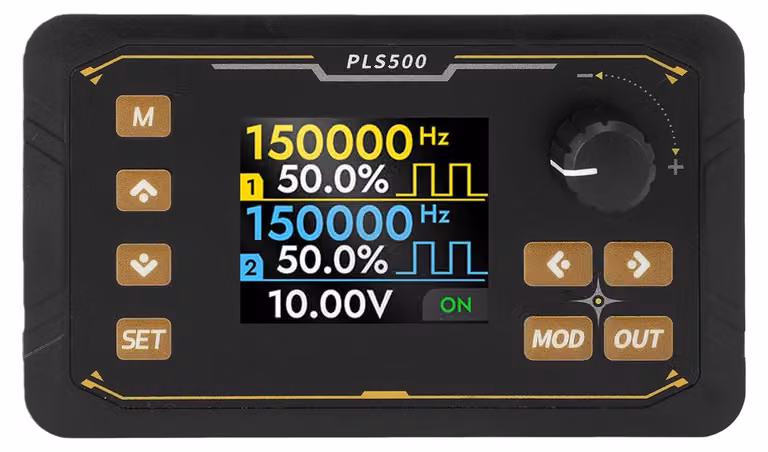 Generatore di segnali PWM, da 1 Hz a 500 kHz, 0-100%, 2 canali, display a colori