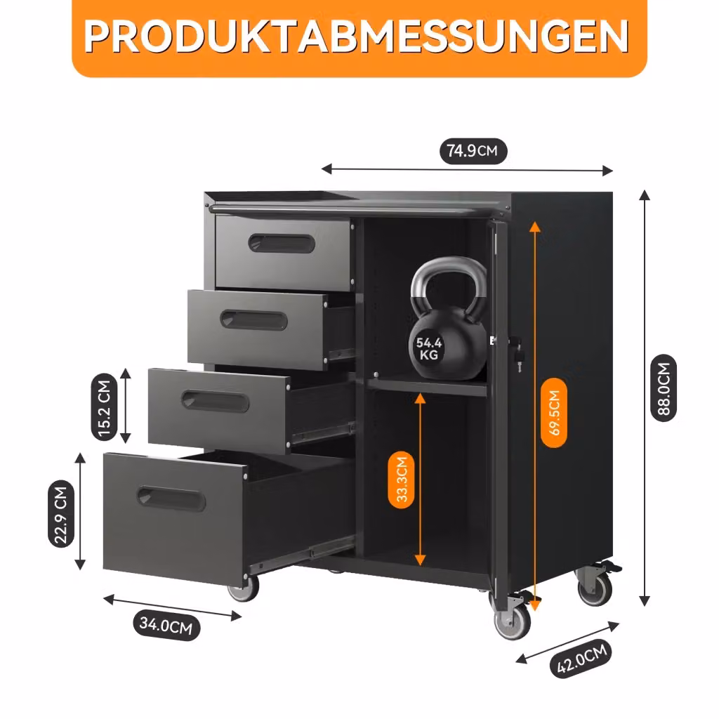 Cassettiera per attrezzi in metallo Minimal con ruote e piano di lavoro, Nero/Grigio, L: 75 cm, P: 42 cm, H: 88 cm – 2