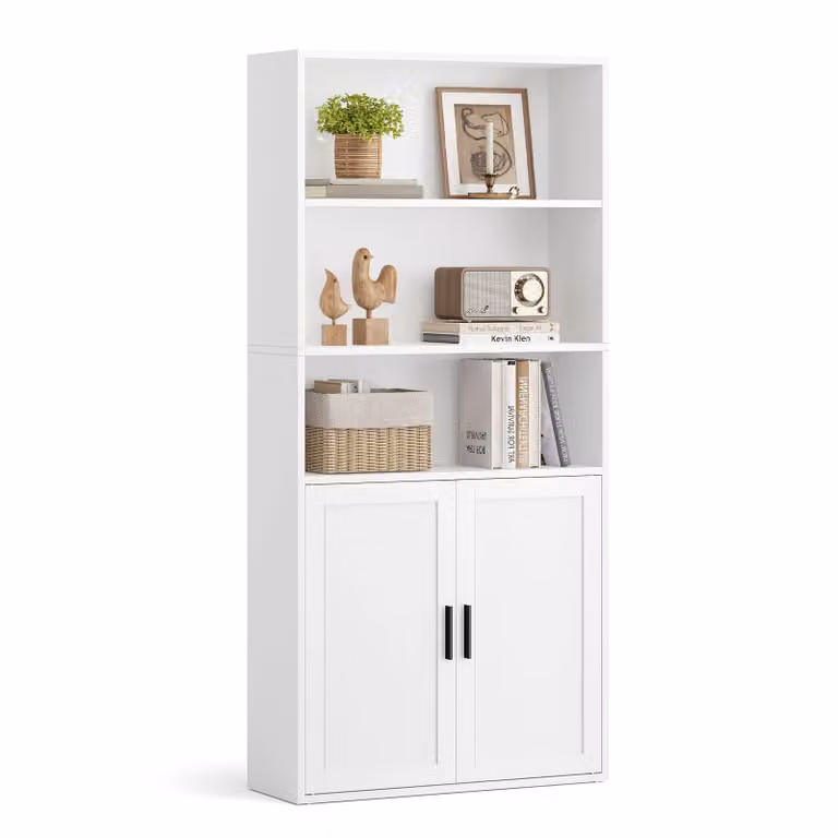 Libreria verticale a 6 ripiani con anta, Bianco / 60l cm
