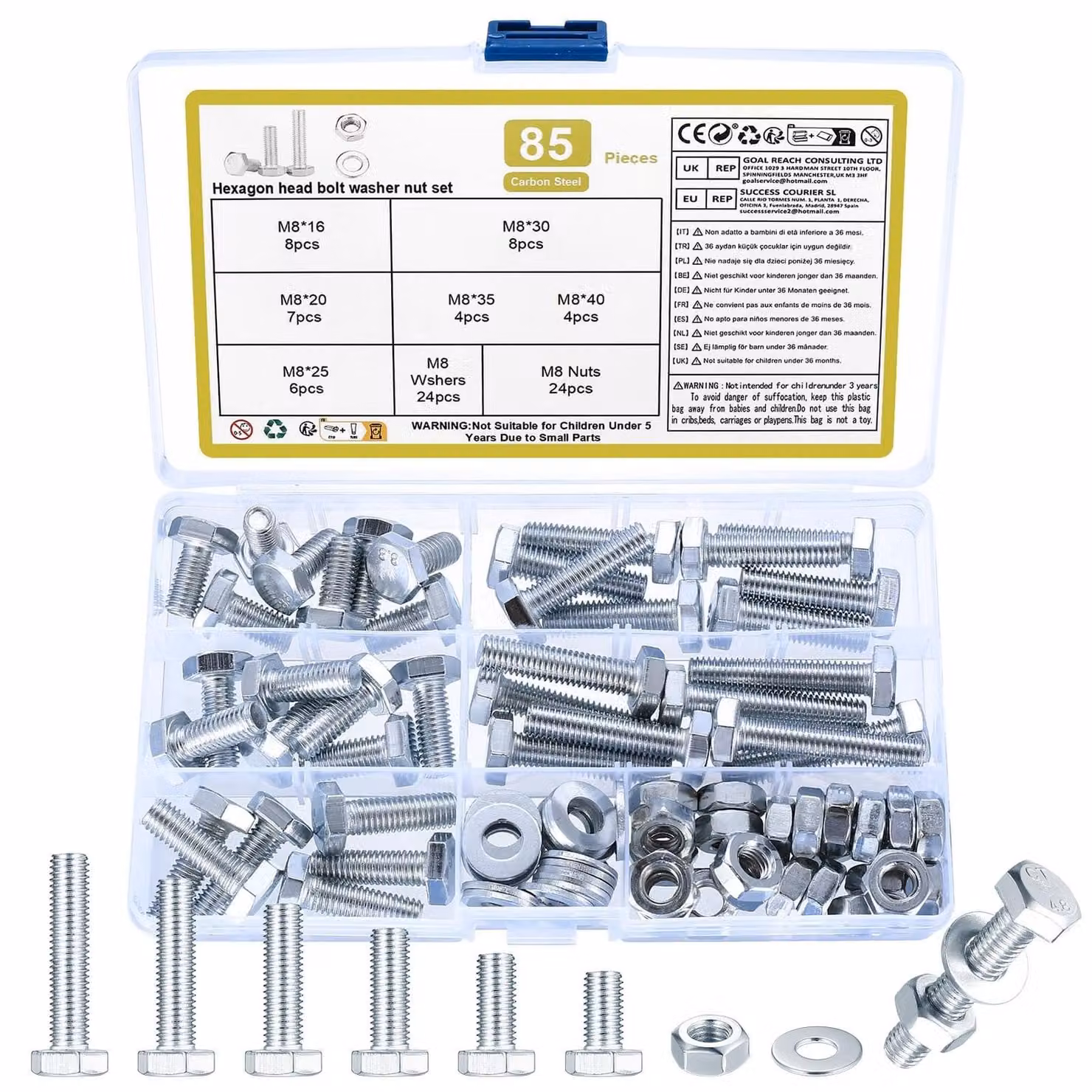 Set viti M8 - Bulloni esagonali e dadi - 85 pezzi - Zincato bianco - Con rondelle