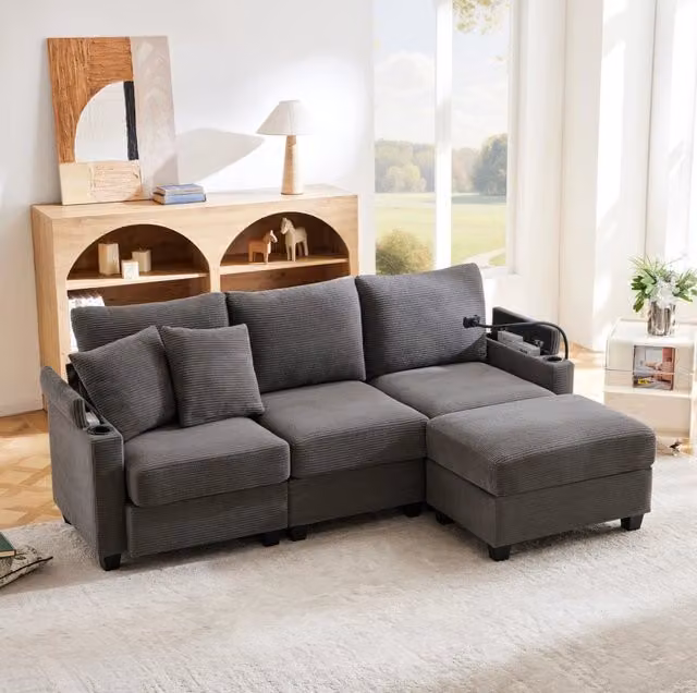 Divano angolare L 213,5x139x87 cm in tessuto grigio scuro con USB e vano, per appartamenti –