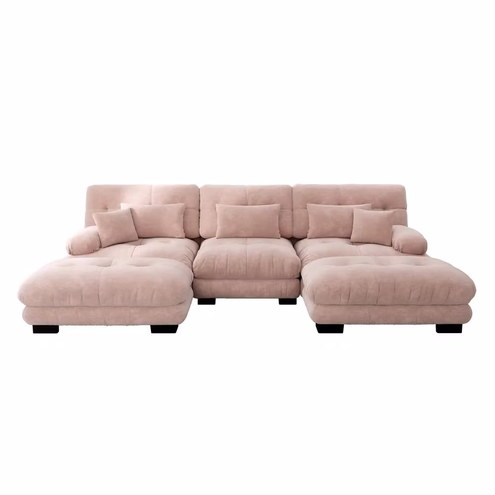 Divano angolare letto Minimal in velluto rosa a 3 posti con funzione estraibile e poggiapiedi coordinato – 2