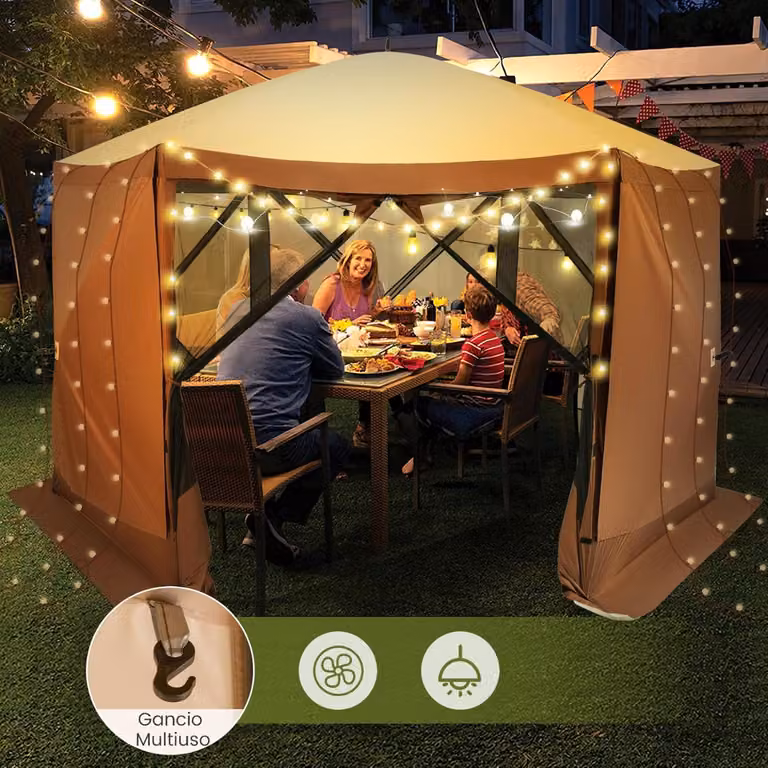 Tenda Gazebo da Esterno Costway per Campeggio con Pareti in Rete, Modello Hub a 6 Lati con Montaggio Istantaneo, Colore Caffè