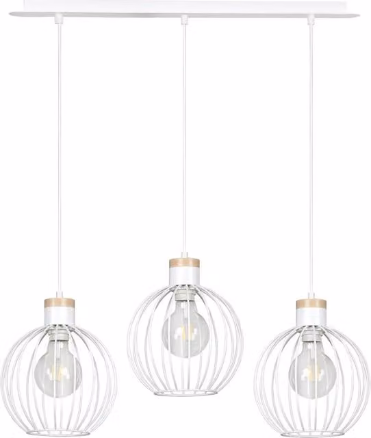 Lampadario a soffitto Luceart-Classic Bueno con 3 luci, paralumi a gabbia in metallo bianco e legno naturale