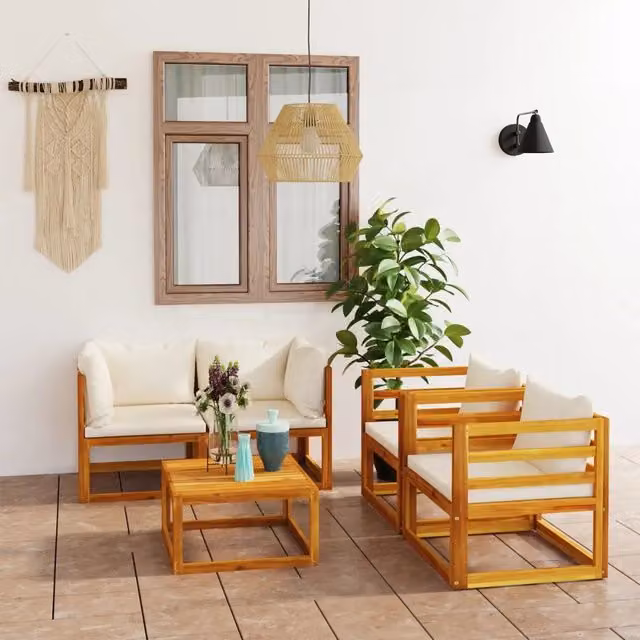 Set Divani da Giardino 5 pz con Cuscini Crema Massello Acacia 3057640