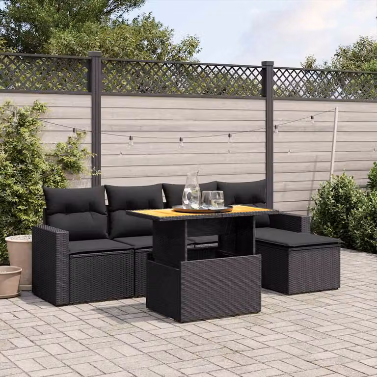 vidaXL Set Divano da Giardino 6 pz in Polyrattan Nero con Cuscini e Ottoman