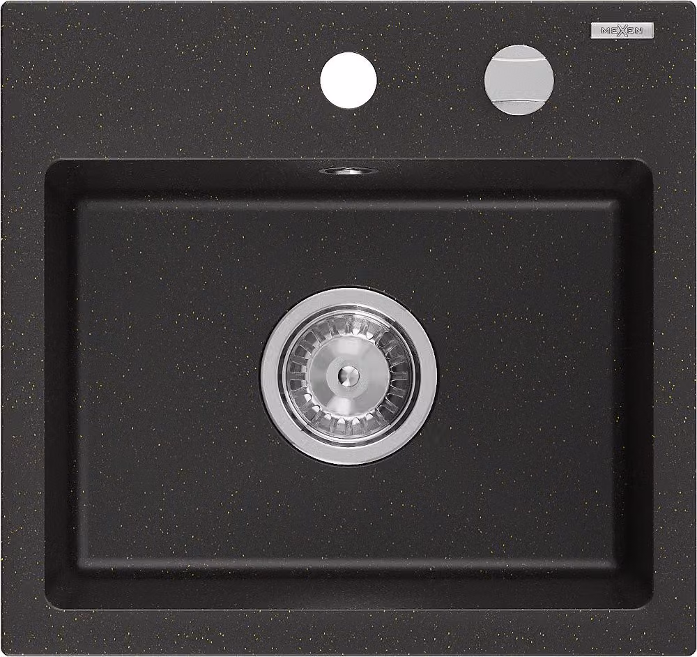 Mexen Milo lavello in granito monovasca 435 x 410 mm, nero/oro metallizzato, sifone cromato - 6505441000-75