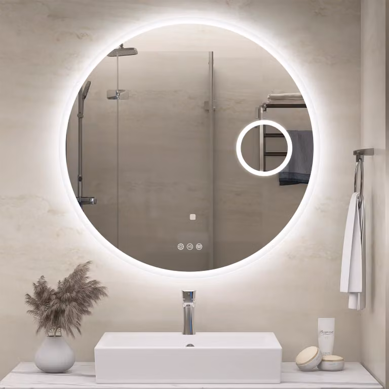 Specchio da bagno LED rotondo, 80 cm di diametro, con Bluetooth e ingrandimento 5x