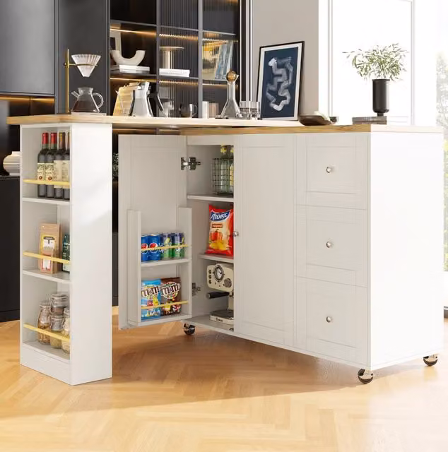Isola da cucina 203x39x106 cm bianca – girevole a 360°, vani multipli