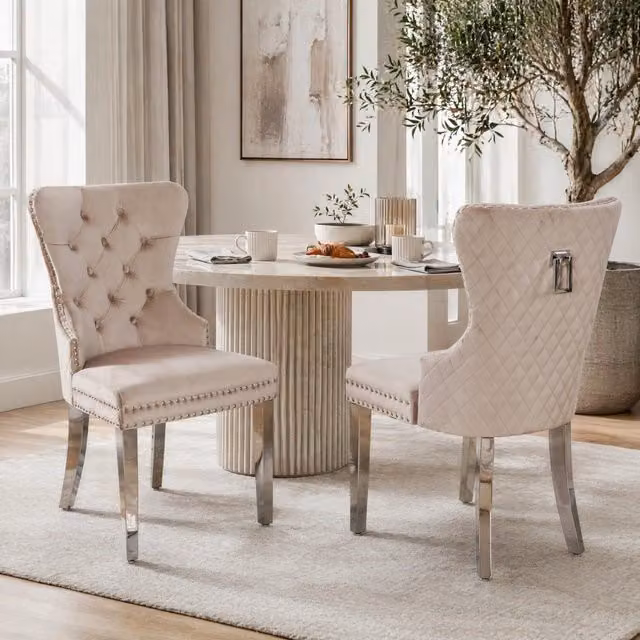 SEDIA da pranzo in velluto beige con struttura in legno massello e gambe in metallo