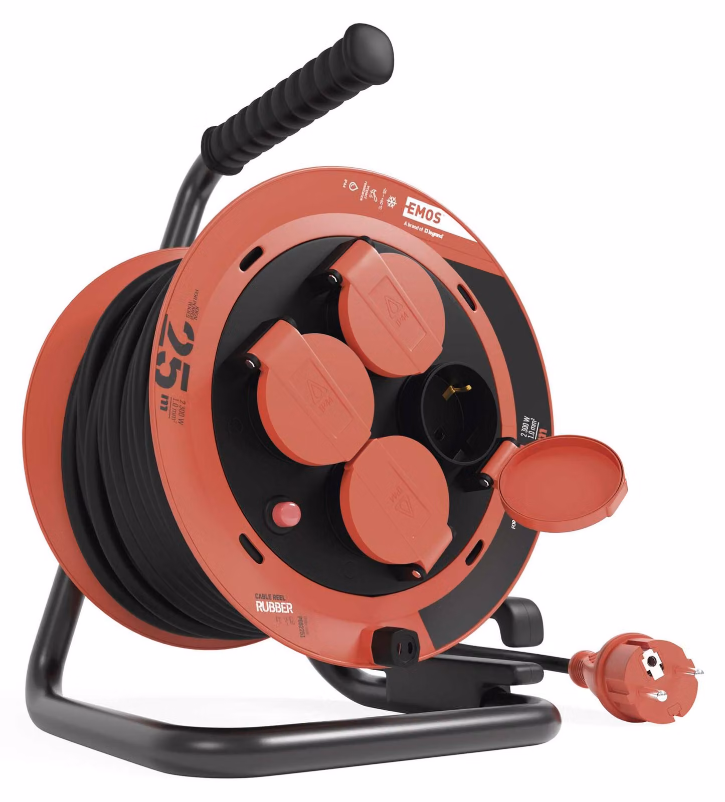 EMOS Avvolgicavo 25 m, 4 prese, resistente agli spruzzi d'acqua, resistente agli urti, 230 V, 10 A, 2300 W, isolamento in gomma, H05RR-F3G 1,0 mm2, IP44 per esterni, P082251