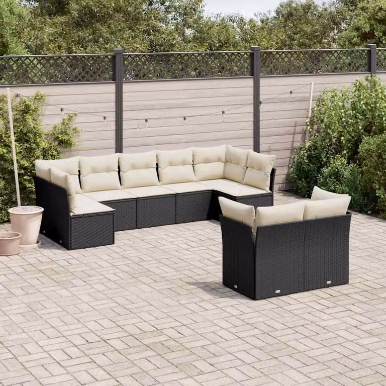 Set di divani da giardino vidaXL a forma di L composto da 9 pezzi in polyrattan nero con cuscini inclusi