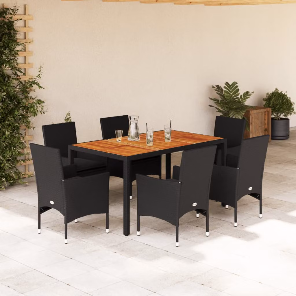 Set Pranzo da Giardino vidaXL in Polyrattan e Legno di Acacia Nero con 7 Pezzi e Cuscini – 1