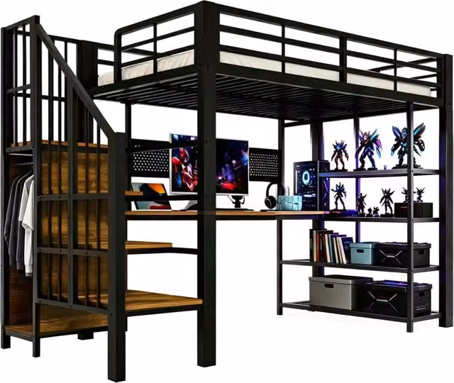 Letto a soppalco singolo moderno in metallo e MDF nero con scala contenitore, ripiani, illuminazione LED e porte USB, L/P: 90 x 200 cm, H: 172,5 cm