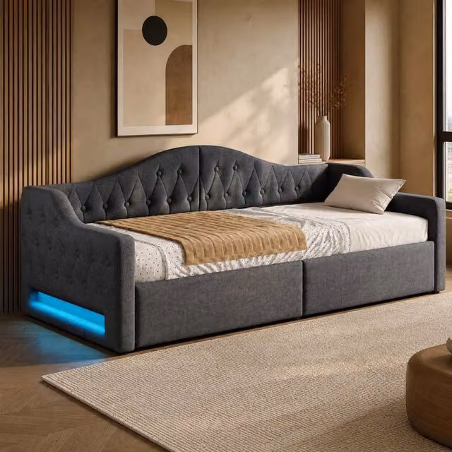 Letto da giorno imbottito 90x200 con LED; contenitore sotto il letto; grigio