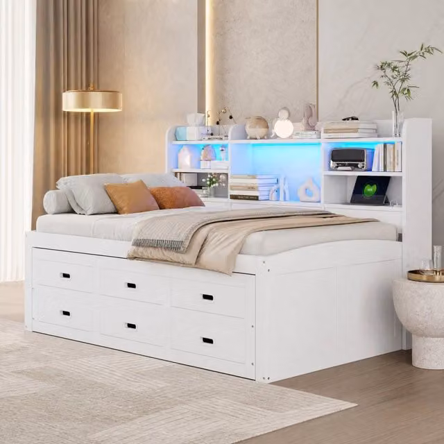 Letto 90x200 cm estraibile con LED; truciolare e MDF bianco