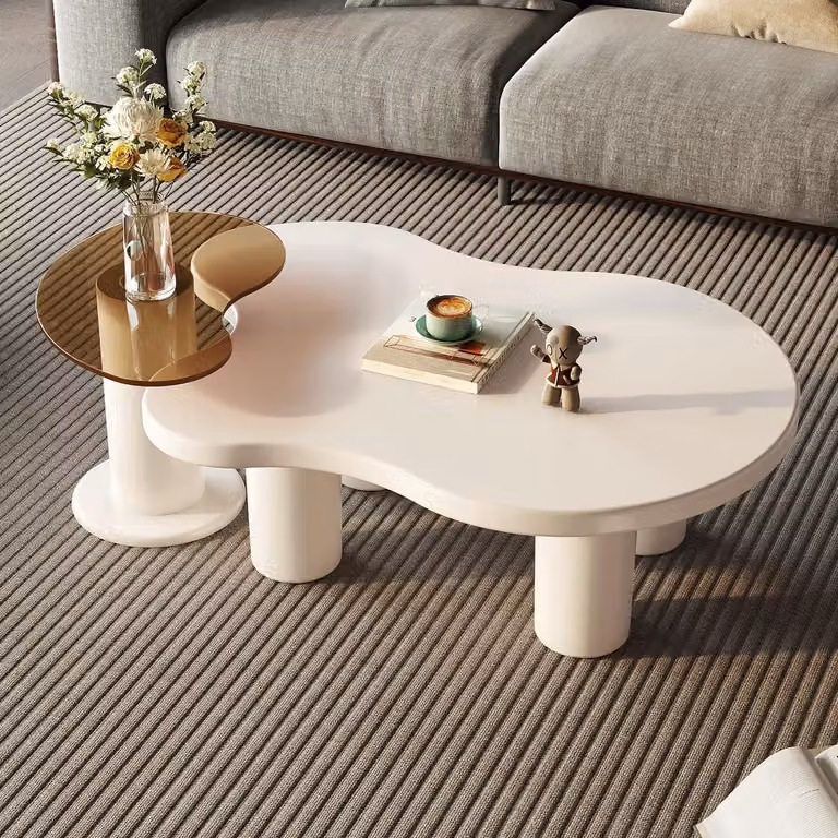 Set di tavolini da caffè impilabili, 2 pezzi, color crema, forma a nuvola