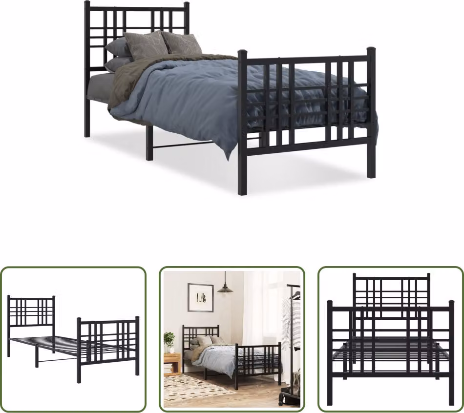 The Living Store Struttura letto con testiera e pediera in metallo nero 75x190 cm