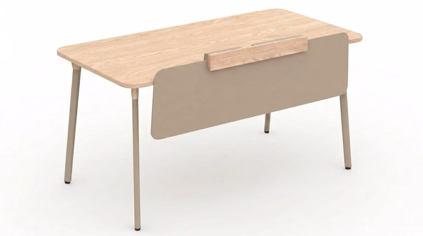 Scrivania moderna con piano in legno e pannello divisorio beige