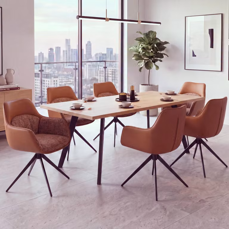 Set di 6 sedie da pranzo modello HWC-R23, sedia per cucina, sedia girevole, rivestita in ecopelle e tessuto chenille (410 g/m²), colore terracotta
