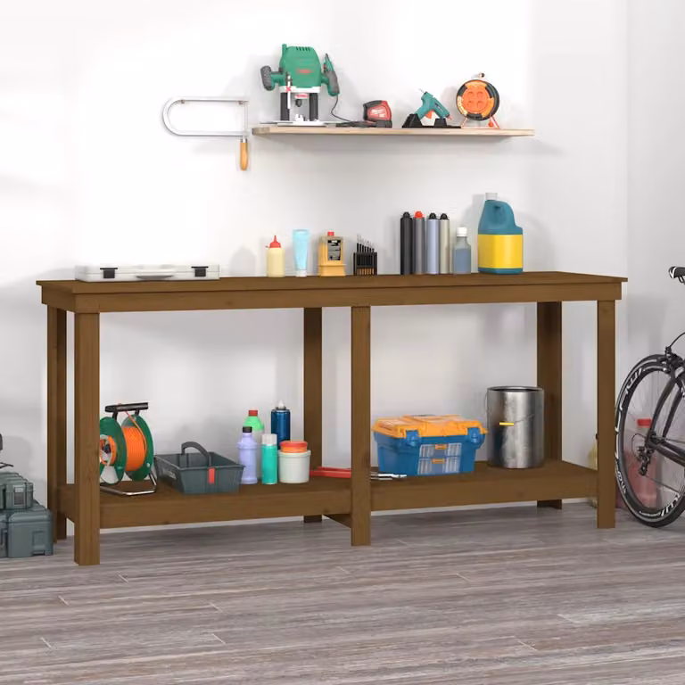 vidaXL Banco da Lavoro Ambra in Legno di Pino Marrone L: 180 cm, P: 50 cm, H: 80 cm