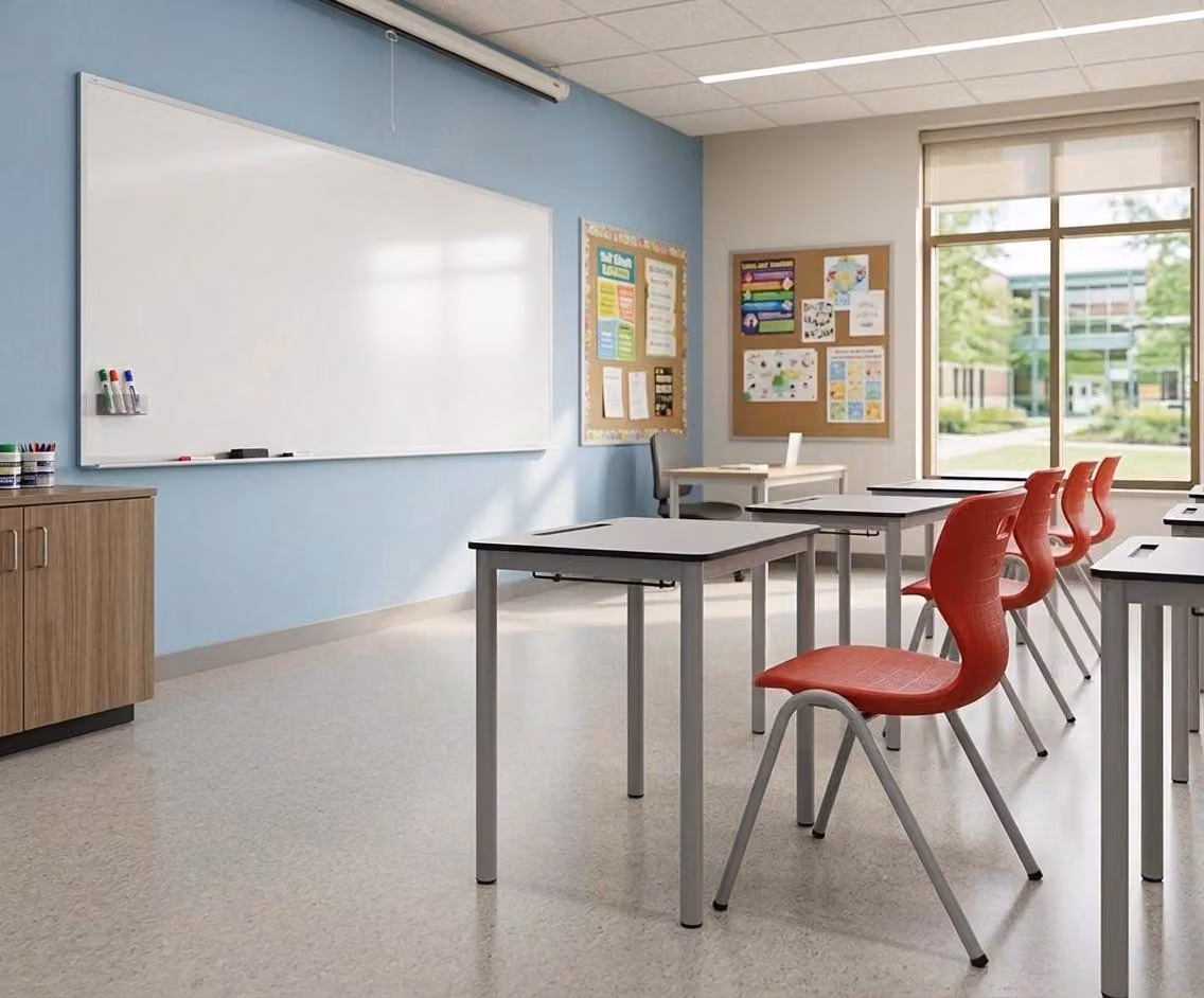 Set scolastico moderno ed ergonomico, grigio: banco rosso e sedia, tavolo singolo