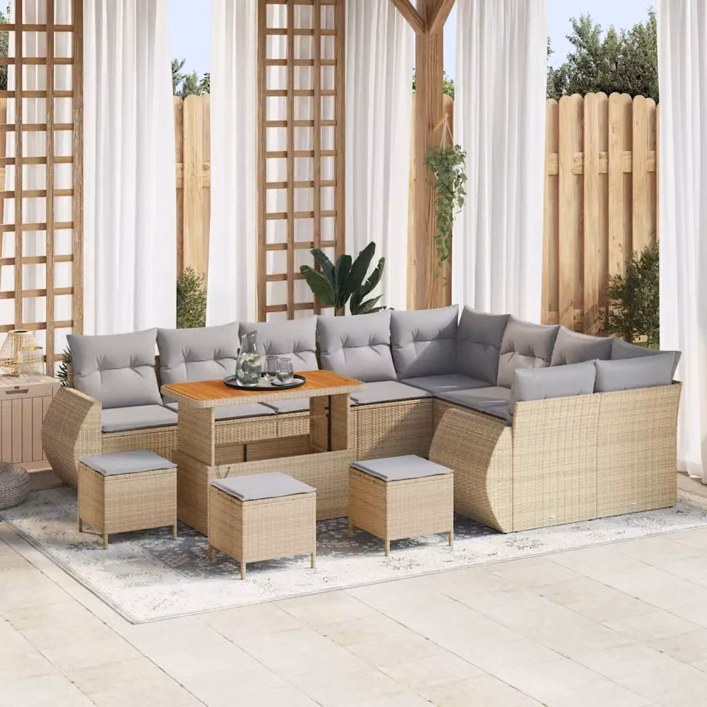 Set Divano da Giardino vidaXL 13 pz in Polyrattan Beige con Cuscini e Tavolino – 1