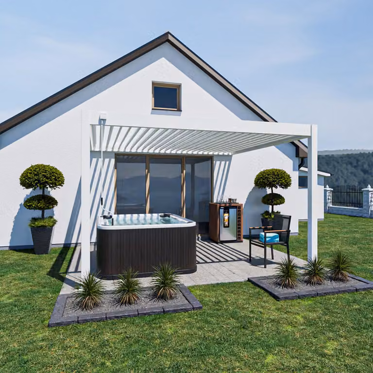 Pergola da parete Weide Deluxe, interamente in alluminio, dimensioni 3,6x4 metri, con tetto a lamelle, colore bianco