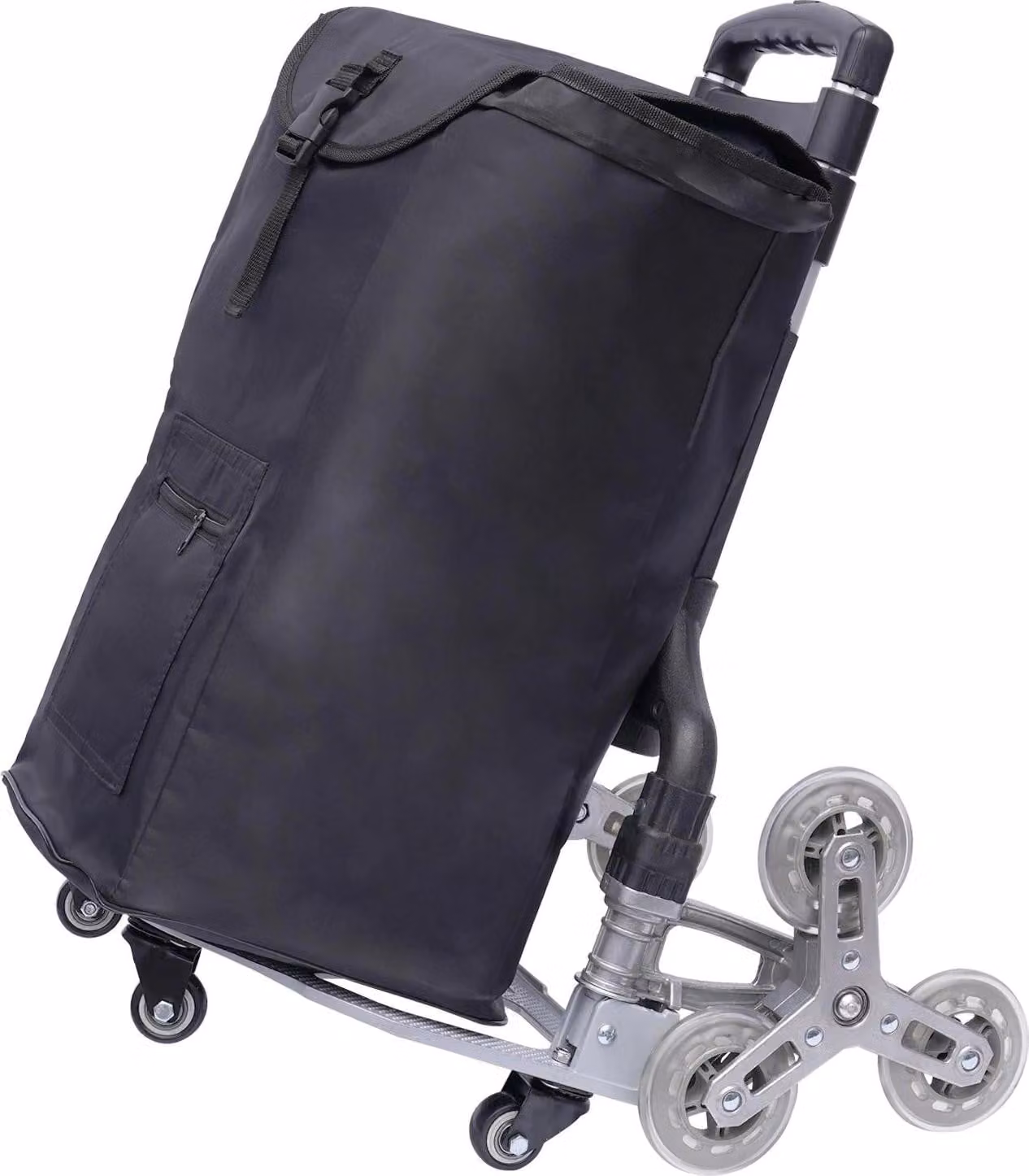 Saliscale - Carrello a mano - Portata 75 kg su pavimento, 40 kg su scale - Regolabile in altezza 67/86/106 cm - Pieghevole 17 cm - Piastra di base 28×39 cm - Con borsa impermeabile 32×22×50 cm - Nero
