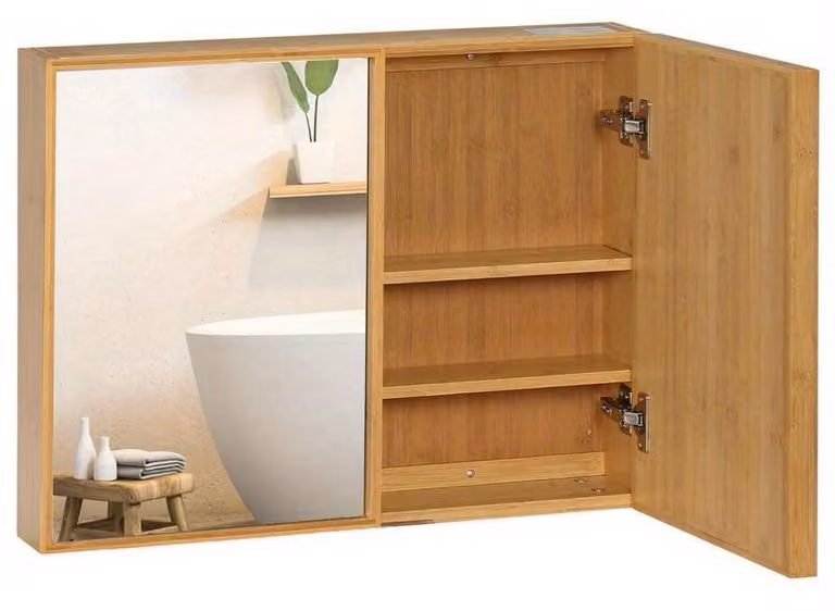 Mobiletti da bagno con ante a specchio e ripiani scorrevoli - Materiali: legno e metallo - Dimensioni: 65,2 x 14 x 50 cm