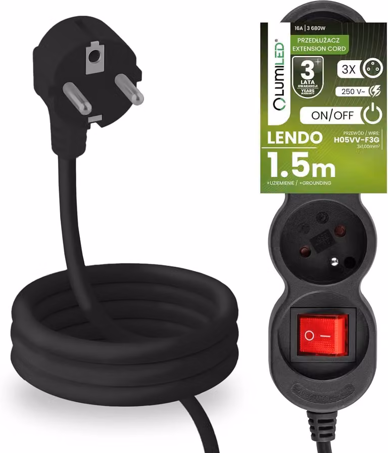 Presa multipla LUMILED con interruttore ON/OFF Presa a 3 vie tipo E, cavo da 1,5 m H05VV-F3G nero Presa multipla E 16A 3680W 250V IP20 Staffa di fissaggio