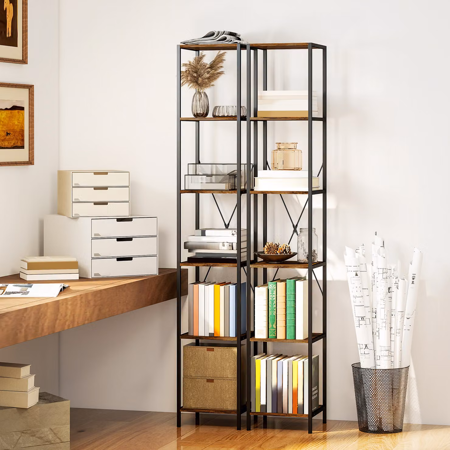 Set da 2 librerie HOMCOM con 6 ripiani in stile industrial, telaio in metallo, Marrone rustico, L/P/H: 30 x 30 x 174,5 cm – 2
