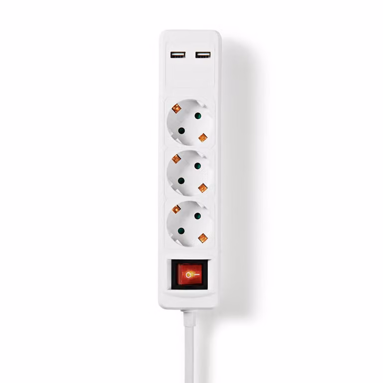 Connettore di derivazione | Connettore con messa a terra / Tipo F (CEE 7/7) | 3 vie | 1,50 m | 3680 W | 16 A | Tipo di messa a terra: connettore laterale | 230 V AC 50/60 Hz | Angolo della presa: 45° | H05VV-F 3G1,5mm² | Pulsante di accensione/spegnimento