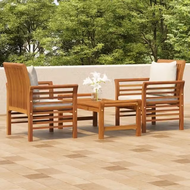 Set Mobili da Giardino 3pz MERCATOXL in Legno di Acacia Trattato con Cuscini Imbottiti Bianchi e Marroni