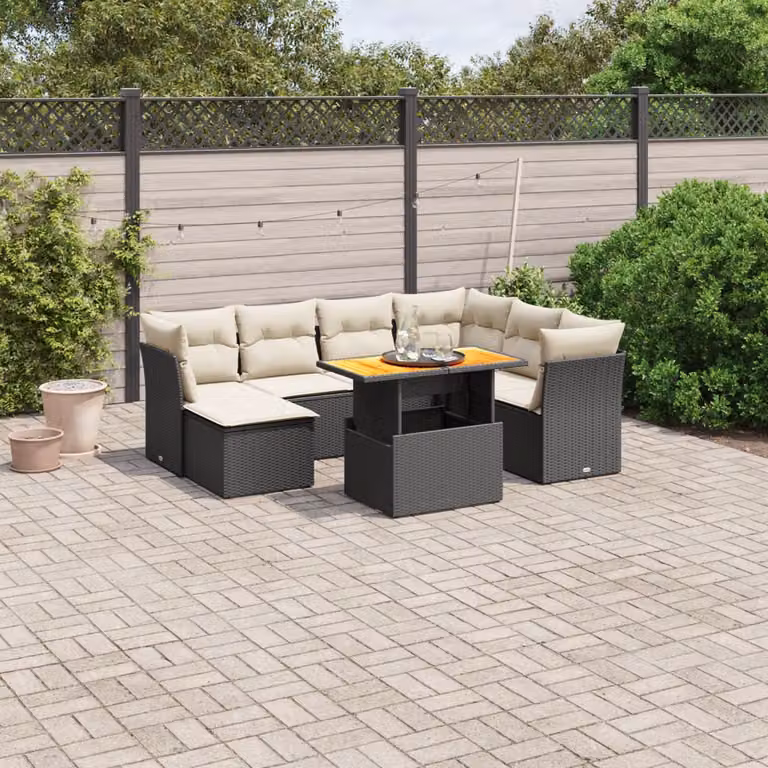 vidaXL Set Divani da Giardino a L in Polyrattan Nero con Cuscini e Tavolino da Esterno