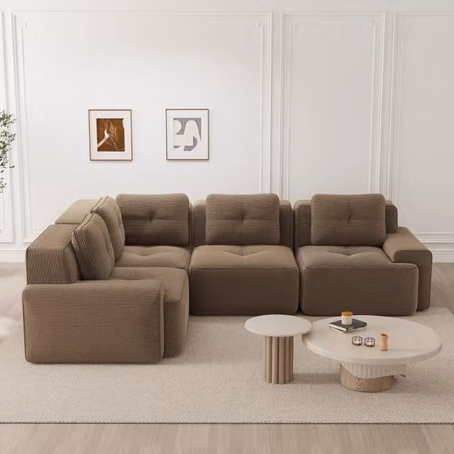 Divano angolare modulare MIVRAY in velluto a coste marrone con configurazione a sinistra e base antiscivolo