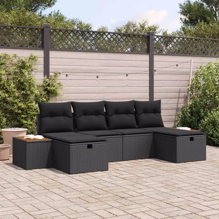 Set Divano da Giardino vidaXL 6 pz in Polyrattan Nero con Ottoman e Cuscini L-Shape L/P/H: 55 x 62 x 69 cm