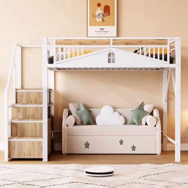 Letto a soppalco in metallo 140x200 cm con scaletta sicura e spazio contenitore, bianco